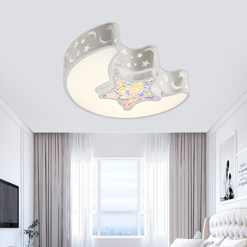 Contemporary LED Flush Pendant Light for Bedroom - Ceiling Mounted Fixture with Moon and Star Design - Acrylic White/Pink/Blue