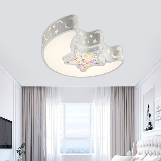 Contemporary LED Flush Pendant Light for Bedroom - Ceiling Mounted Fixture with Moon and Star Design - Acrylic White/Pink/Blue