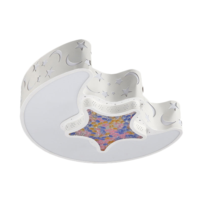 Contemporary LED Flush Pendant Light for Bedroom - Ceiling Mounted Fixture with Moon and Star Design - Acrylic White/Pink/Blue