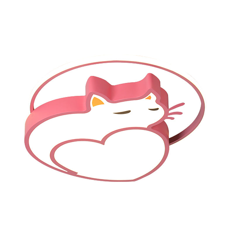 Kids Style Pink Cat-Shaped Ceiling Flushmount Light With Acrylic Led Bedroom Lighting In Warm/White