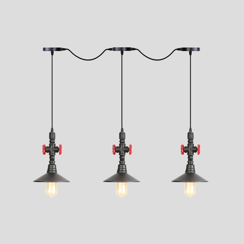 Lampe suspendue industrielle en fer à soucoupe en tandem en noir - Solution d'éclairage de restaurant à 3/5/7 ampoules