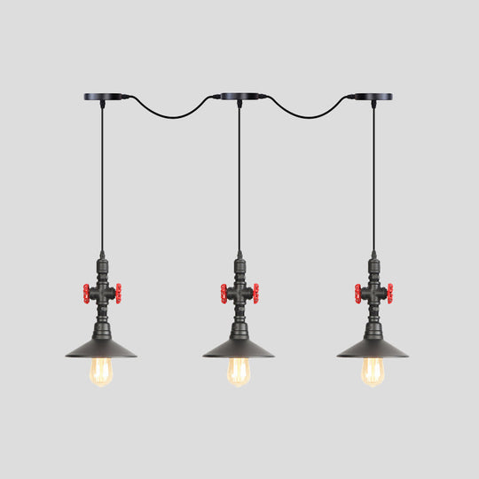 Lampe suspendue industrielle en fer à soucoupe en tandem en noir - Solution d'éclairage de restaurant à 3/5/7 ampoules