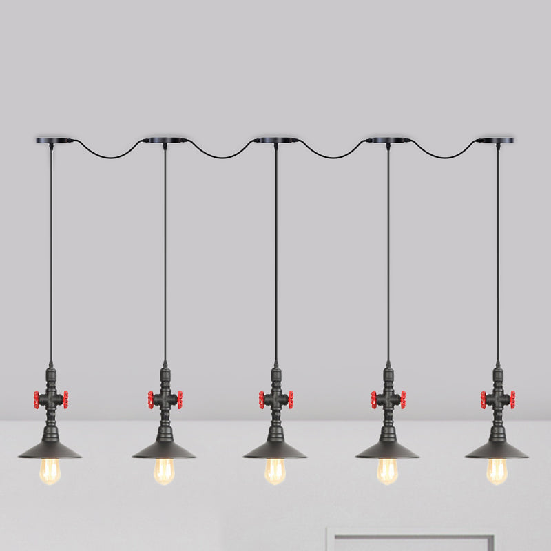 Lampe suspendue industrielle en fer à soucoupe en tandem en noir - Solution d'éclairage de restaurant à 3/5/7 ampoules