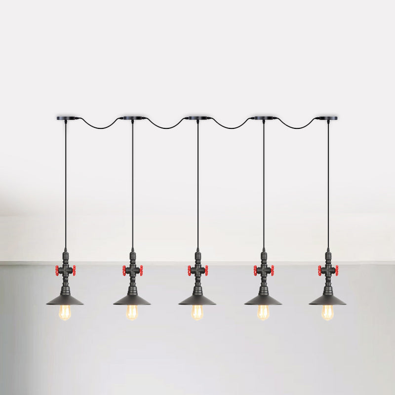 Lampe suspendue industrielle en fer à soucoupe en tandem en noir - Solution d'éclairage de restaurant à 3/5/7 ampoules