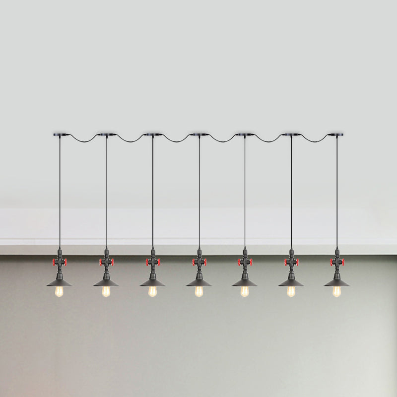 Lampe suspendue industrielle en fer à soucoupe en tandem en noir - Solution d'éclairage de restaurant à 3/5/7 ampoules