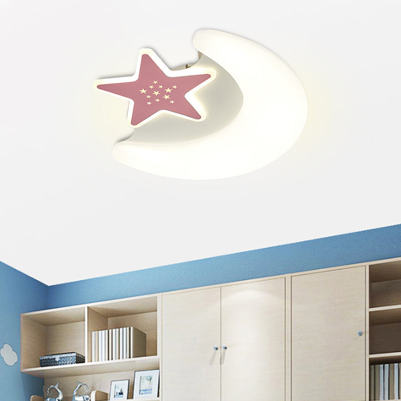 Kid's Moon and Star Flush Mount Acrylic LED Ceiling Light Fixture: Pink/Blue Finish for Bedroom