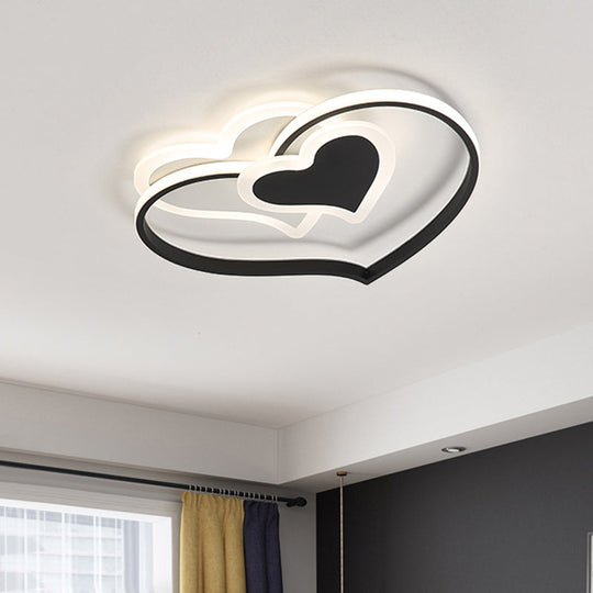 Modern LED Flush Mount Ceiling Light with Heart-Shaped Acrylic Shade - Black/White/Pink Finish for Bedrooms