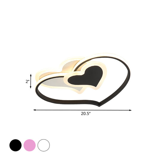 Modern LED Flush Mount Ceiling Light with Heart-Shaped Acrylic Shade - Black/White/Pink Finish for Bedrooms