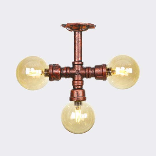 Amber Glass Copper Semi Flush Light Sphere LED Ceiling Fixture - Farmhouse Style