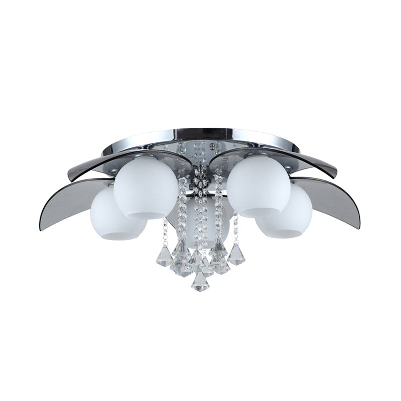 Contemporary Flush Mount Lamp With Milkglass Crystal Strand & Leaf Decor - 5 Lights Ideal For Hotels