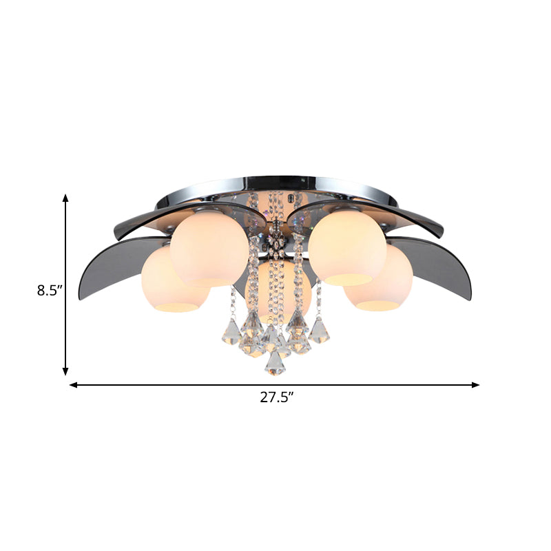Contemporary Flush Mount Lamp with Milkglass, Crystal Strand & Leaf Decor - 5 Lights - Ideal for Hotels and Ceilings