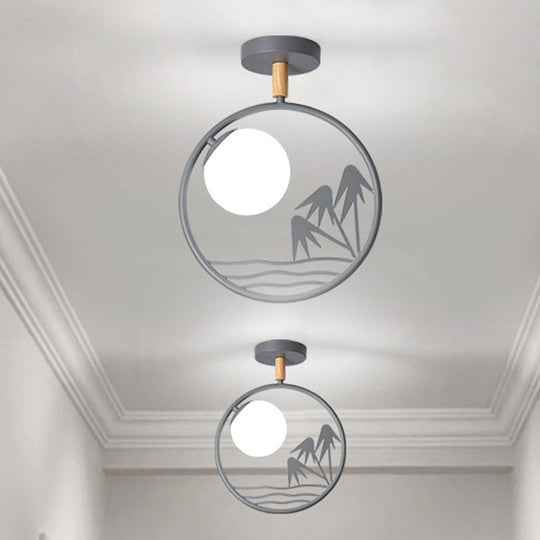 Iron Loop Semi Mount Lighting Macaron Ceiling Flush with Opal Glass Shade - 1 Light, White/Grey/Green Finish