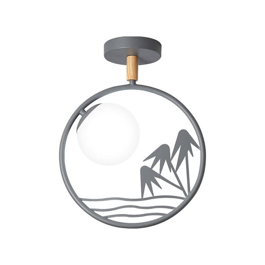 Iron Loop Semi Mount Lighting Macaron Ceiling Flush with Opal Glass Shade - 1 Light, White/Grey/Green Finish