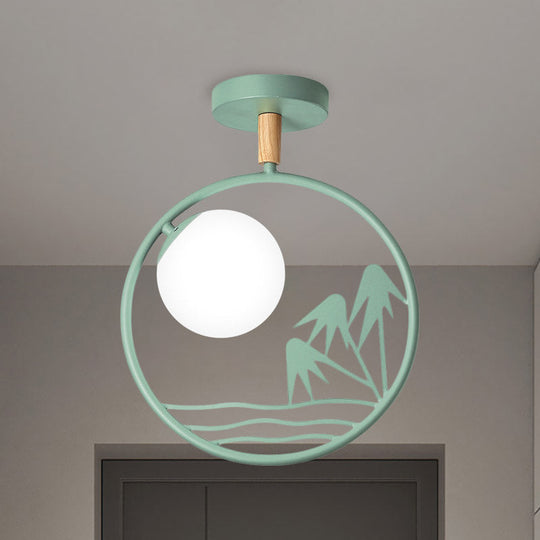 Iron Loop Semi Mount Lighting Macaron Ceiling Flush with Opal Glass Shade - 1 Light, White/Grey/Green Finish