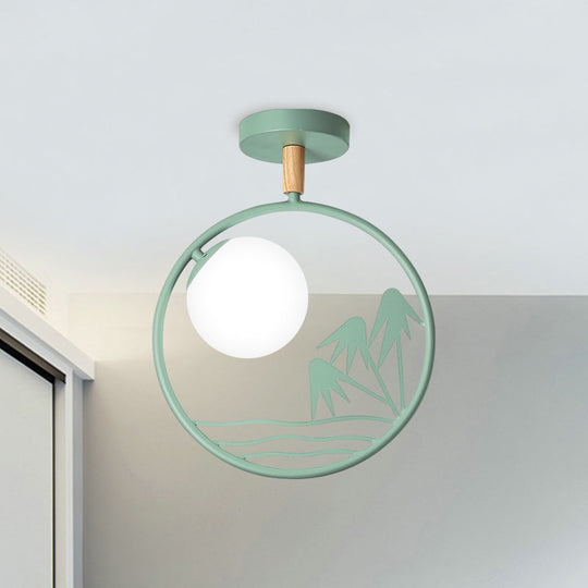 Iron Loop Semi Mount Lighting Macaron Ceiling Flush with Opal Glass Shade - 1 Light, White/Grey/Green Finish