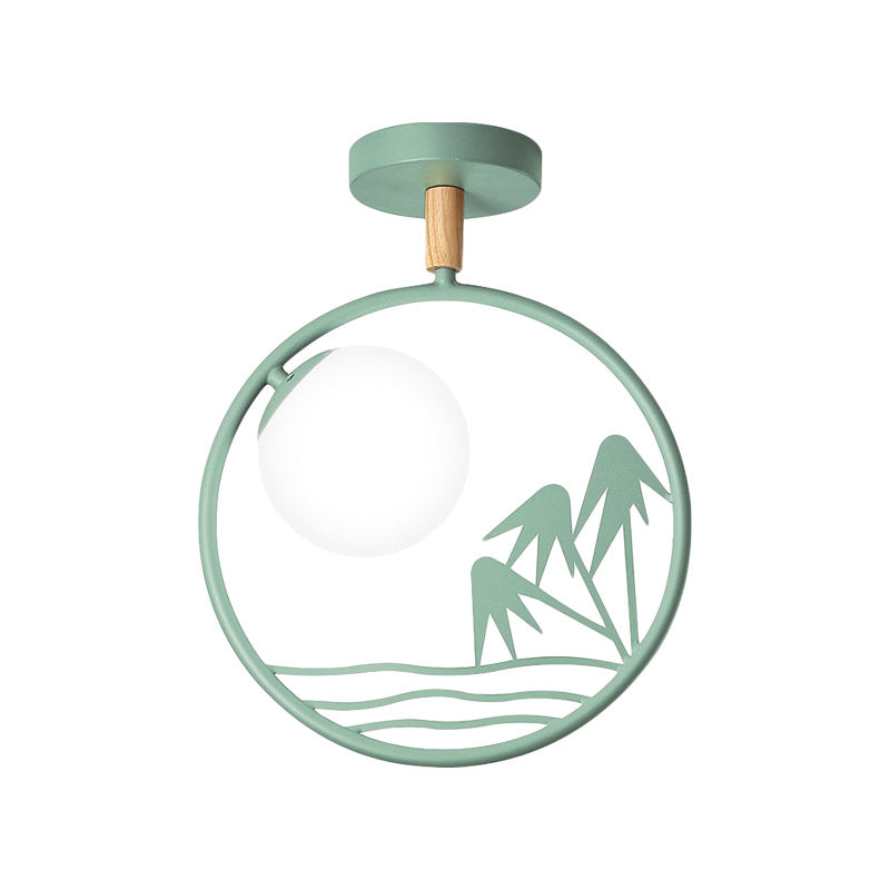 Iron Loop Semi Mount Lighting Macaron Ceiling Flush with Opal Glass Shade - 1 Light, White/Grey/Green Finish