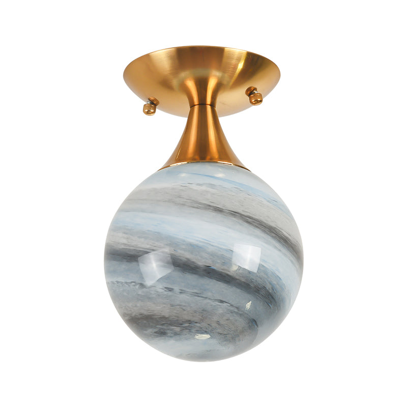 Contemporary Globe Blue Glass Flush Mount Light Fixture - 1 Light Gold Flush Lamp