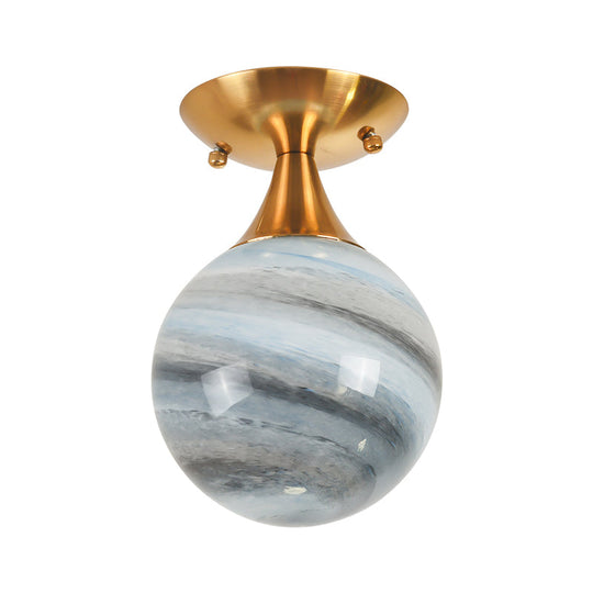 Contemporary Globe Blue Glass Flush Mount Light Fixture - 1 Light Gold Flush Lamp