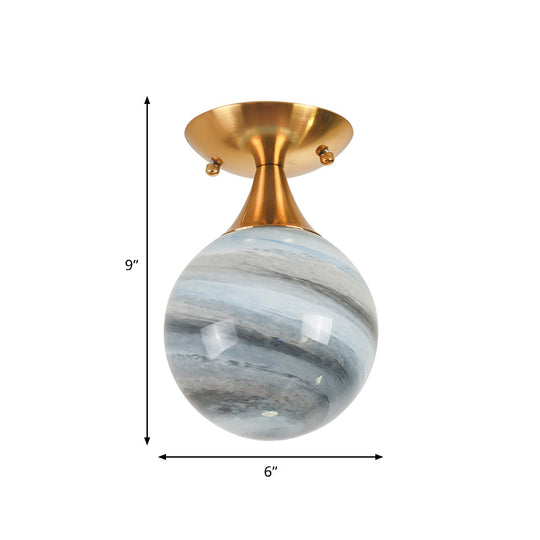 Contemporary Globe Blue Glass Flush Mount Light Fixture - 1 Light Gold Flush Lamp