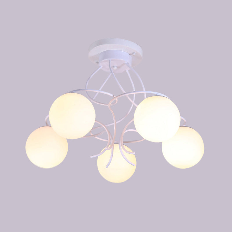 Modern Iron Swirling Semi Flush Ceiling Light with Opal Glass Shade - 5 Heads, Black/White Finish