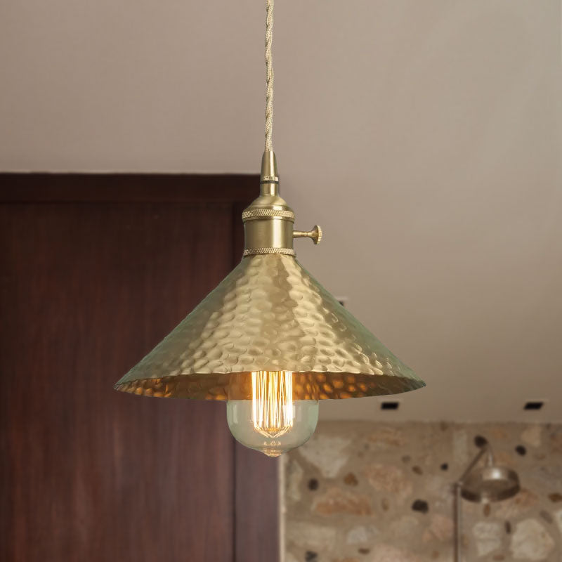 Vintage Suspension Pendant Light with Metallic Brass/Gold Finish - 7"/8.5" Conical Shade, 1-Light