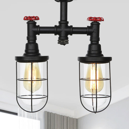 Farmhouse Wire Cage Flushmount Ceiling Fixture - Clear Glass, Black Finish - 2 Bulbs