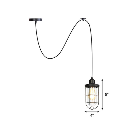 Antiqued Cage Pendant Lamp With Adjustable Cord - Black Finish Clear Glass Shade 1-Light Hanging