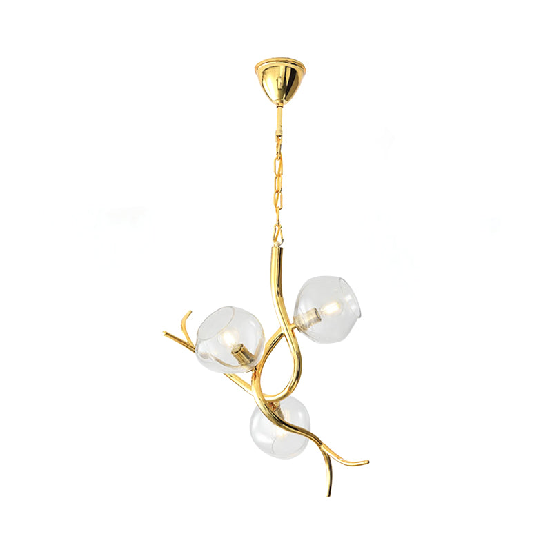 Lustre suspendu moderne en forme de branche avec finition dorée - Verre transparent, plafonnier LED (3 têtes)