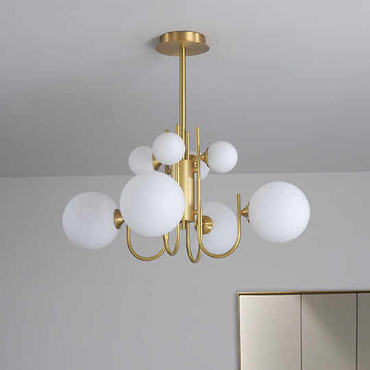 Suspension sphérique en verre blanc givré avec finition en laiton - Lustre design à 8 lumières