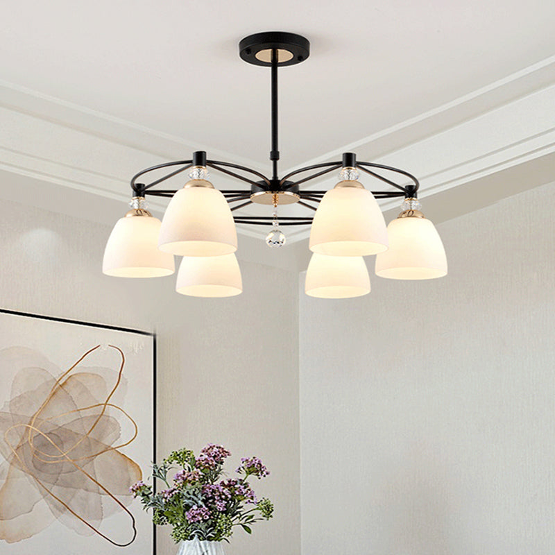 Modern Cup Shape Chandelier Cream Glass Ceiling Lamp with Crystal Droplet - Black