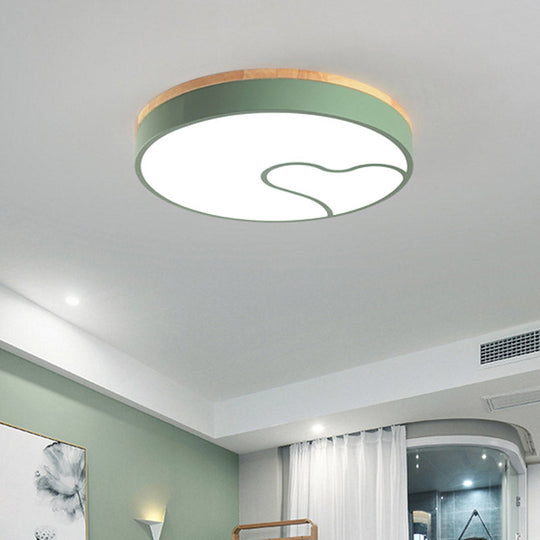 Green/White/Grey Macaron Ceiling LED Light with Wave Pattern and Wood Accent