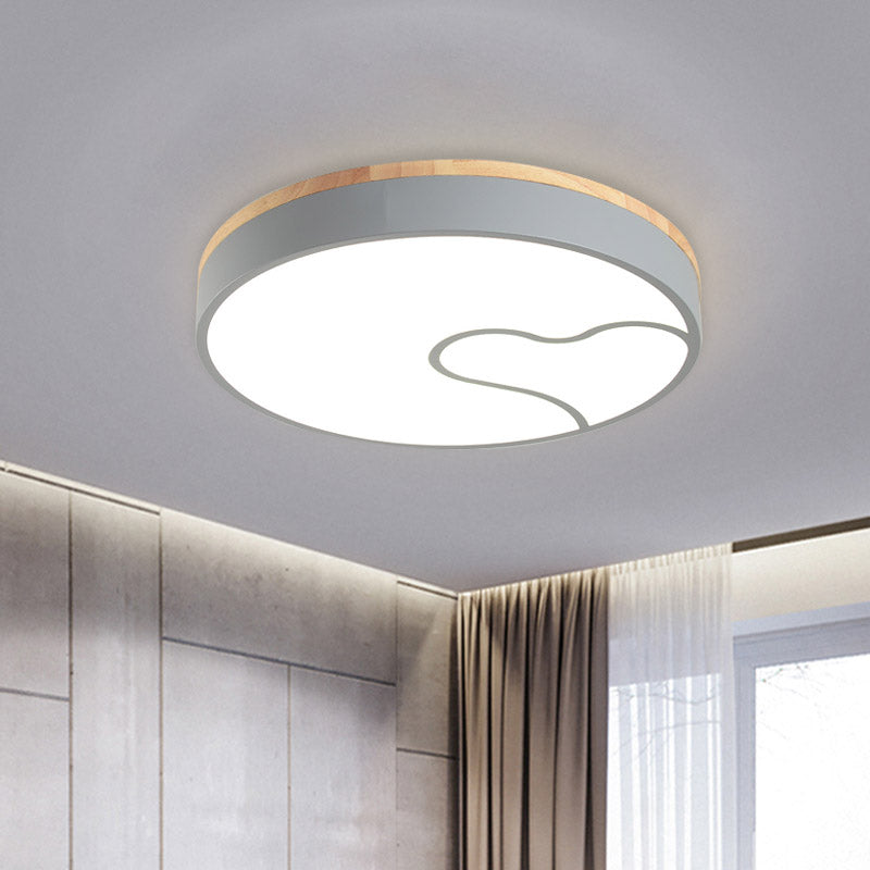 Green/White/Grey Macaron Ceiling LED Light with Wave Pattern and Wood Accent