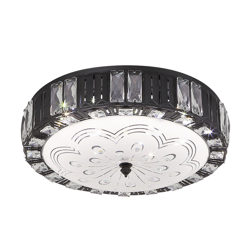 Modern Black Metal LED Flush Mount Bedroom Lamp with Crystal Accent