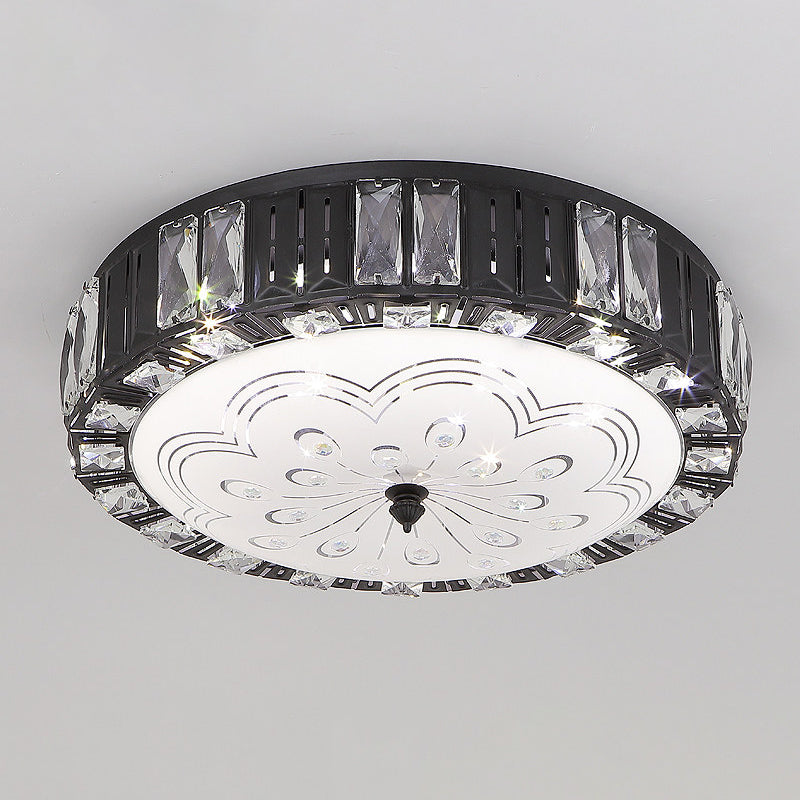 Modern Black Metal LED Flush Mount Bedroom Lamp with Crystal Accent