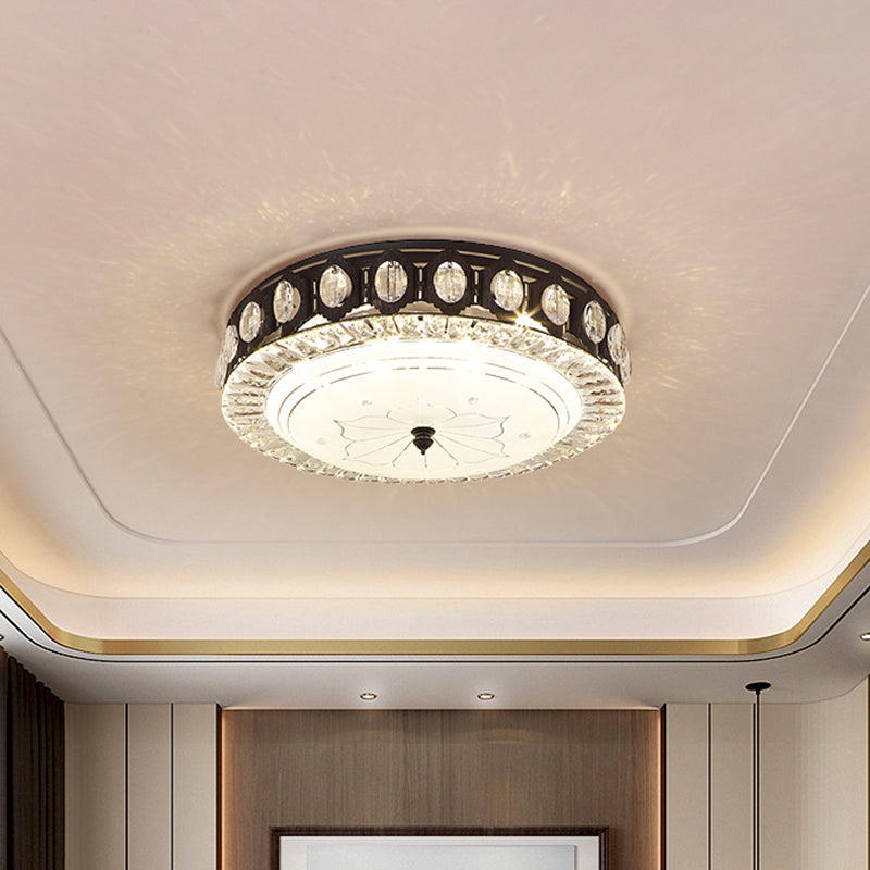 Modern Black Metal LED Flush Mount Bedroom Lamp with Crystal Accent