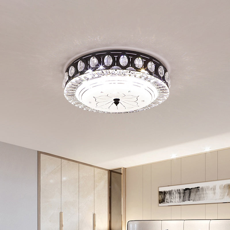 Modern Black Metal LED Flush Mount Bedroom Lamp with Crystal Accent