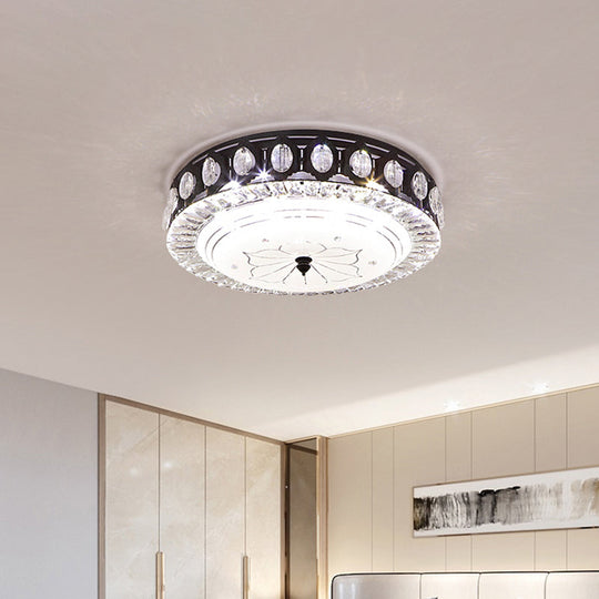 Modern Black Metal LED Flush Mount Bedroom Lamp with Crystal Accent