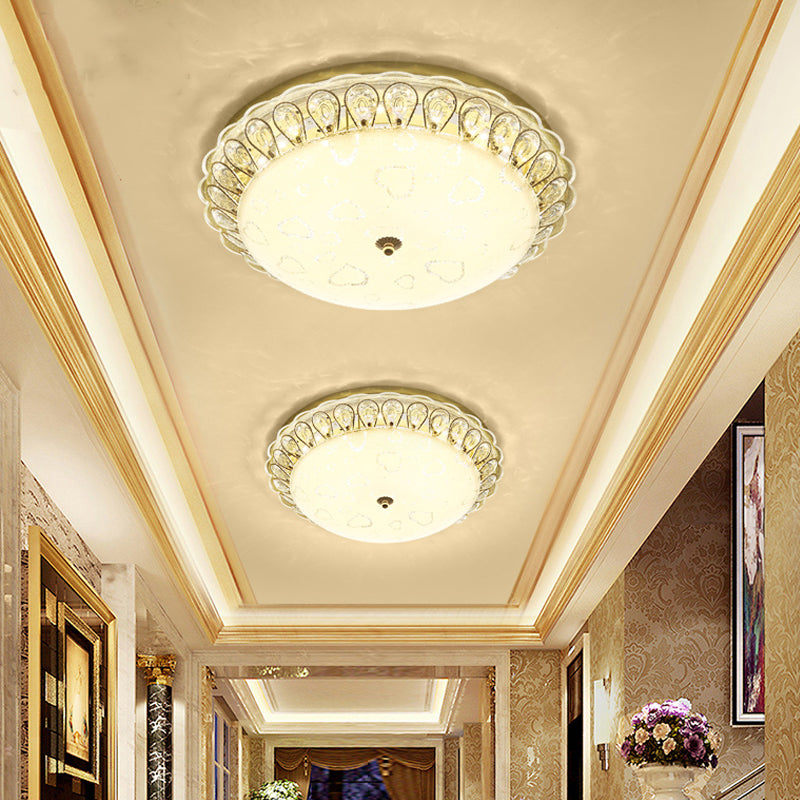 Frosted Glass Gold Ceiling Lamp - Domed LED Flush Light with Crystal Accent (16"/19.5" Wide)