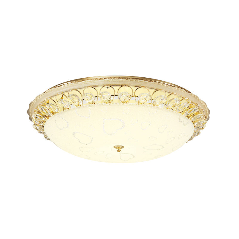 Frosted Glass Gold Ceiling Lamp - Domed LED Flush Light with Crystal Accent (16"/19.5" Wide)