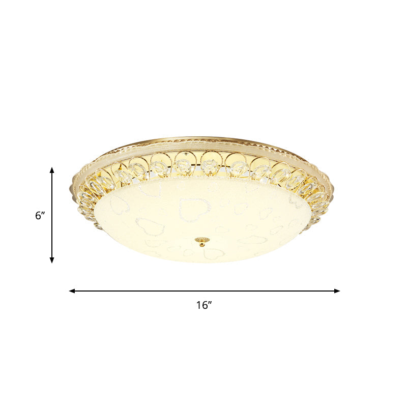 Frosted Glass Gold Ceiling Lamp - Domed LED Flush Light with Crystal Accent (16"/19.5" Wide)