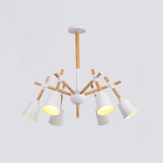 Nordic Wood Swing Arm Chandelier Light With 6 Bulbs - Black/White Conic Lamp Shade