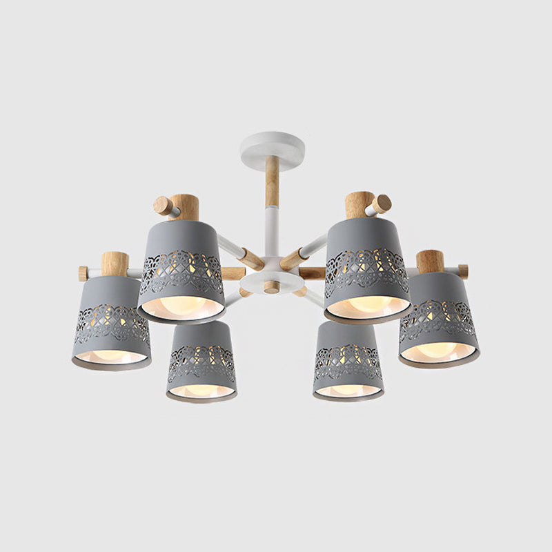 Lustre semi-encastré à 6 lumières de style Macaron avec accents en bois gris