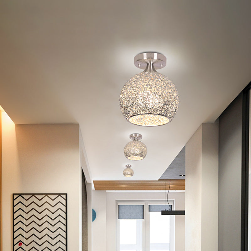 Modern Mini Dome Ceiling Flush Mount Light Fixture Chrome Finish, Single Apartment Aluminum Design, 6/7 Inch Width