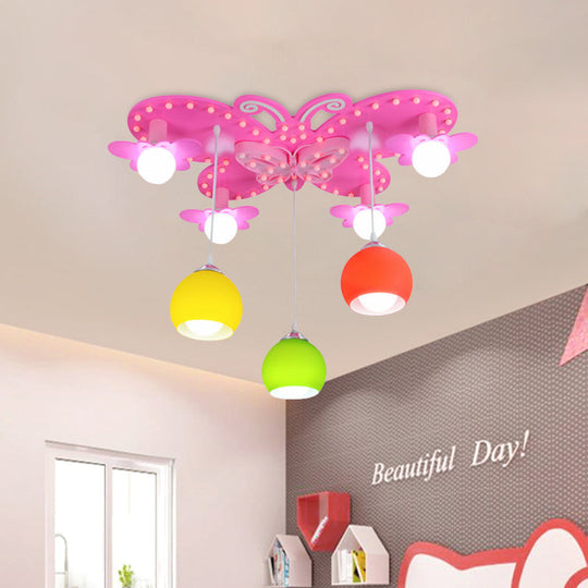 7-Head Colorful Glass Dome Flush Mount Lighting: Kid-Friendly Ceiling Chandelier in Pink