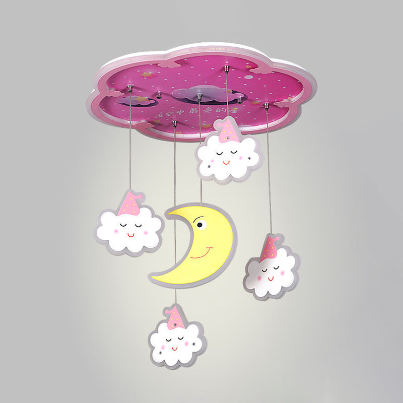 Plafonnier LED en forme de fleur avec nuage endormi et lune - Luminaire en acrylique rose de dessin animé