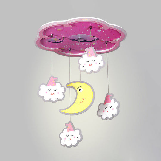 Plafonnier LED en forme de fleur avec nuage endormi et lune - Luminaire en acrylique rose de dessin animé
