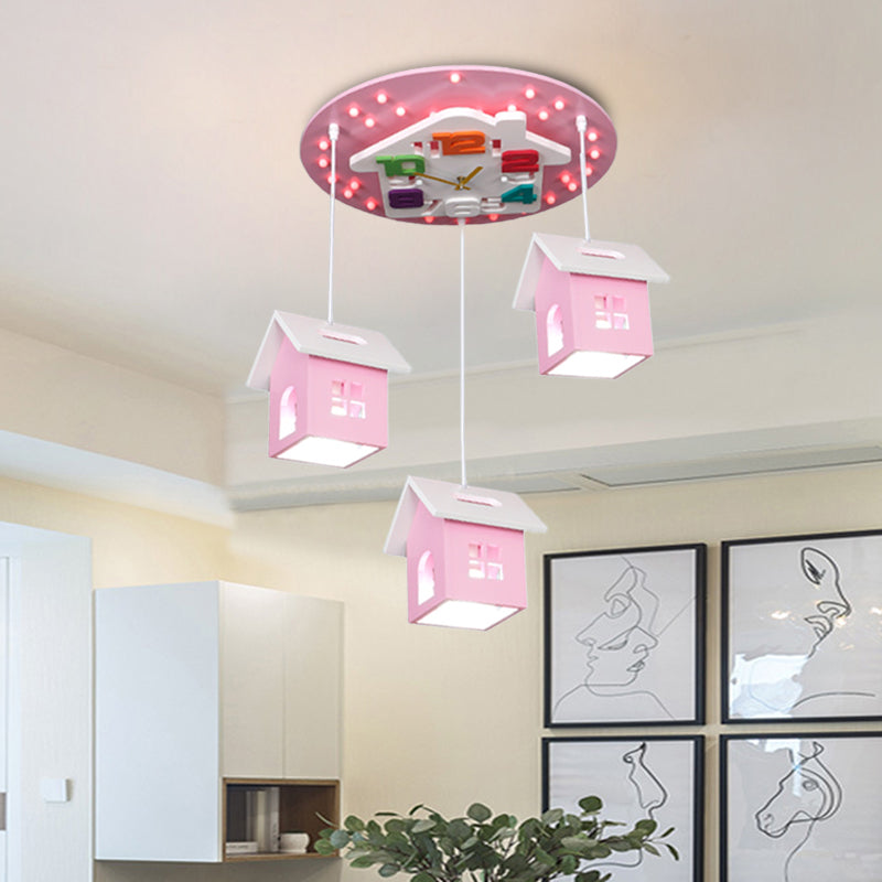 Cartoon 3-Bulb Wood Draping House Ceiling Light Fixture in Pink/Blue