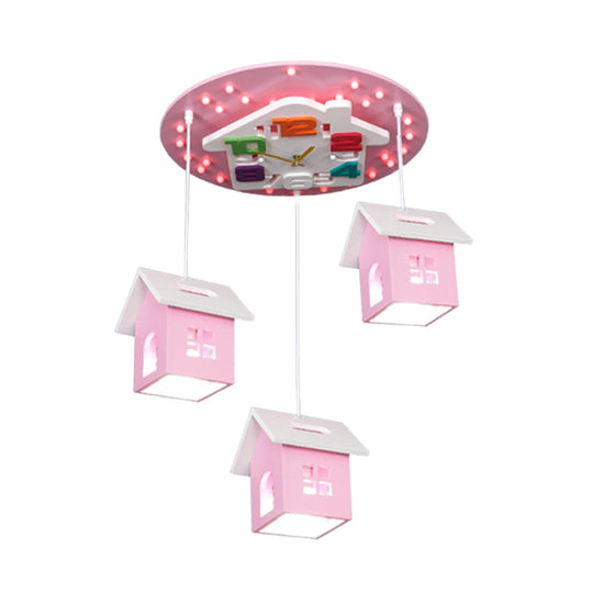 Cartoon 3-Bulb Wood Draping House Ceiling Light Fixture In Pink/Blue