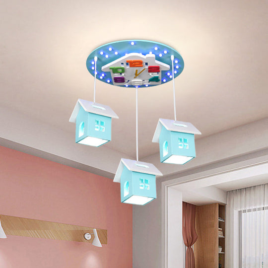 Cartoon 3-Bulb Wood Draping House Ceiling Light Fixture in Pink/Blue