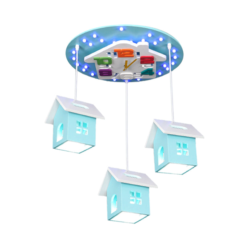 Cartoon 3-Bulb Wood Draping House Ceiling Light Fixture in Pink/Blue